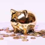 Shiny golden piggy bank on financial documents with scattered coins symbolizes savings.