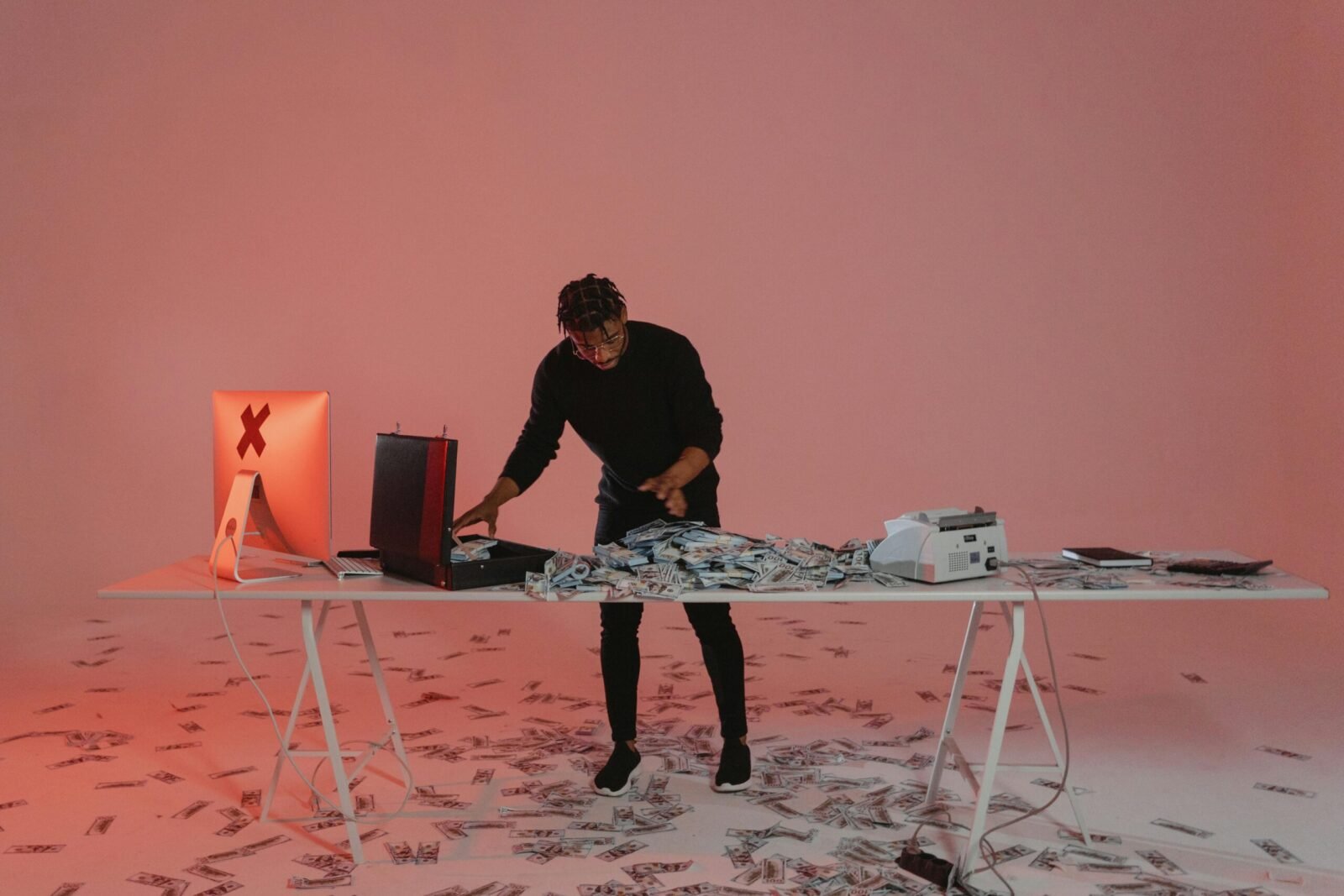 An individual processes piles of cash in a dimly lit room with a computer.